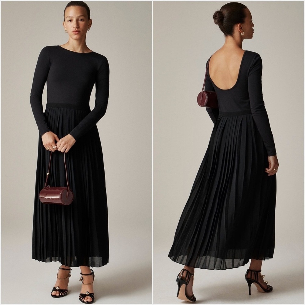 New JCrew Sz XS Pleated Ballet Maxi Dress Stretch Cotton Long Sleeve Black